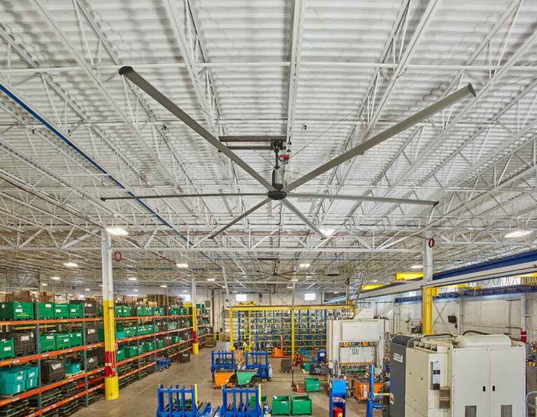 Industrial-ceiling-fan-large-HVLS-fan-in-warehouse-setting-by-Nordicco-in-Denmark